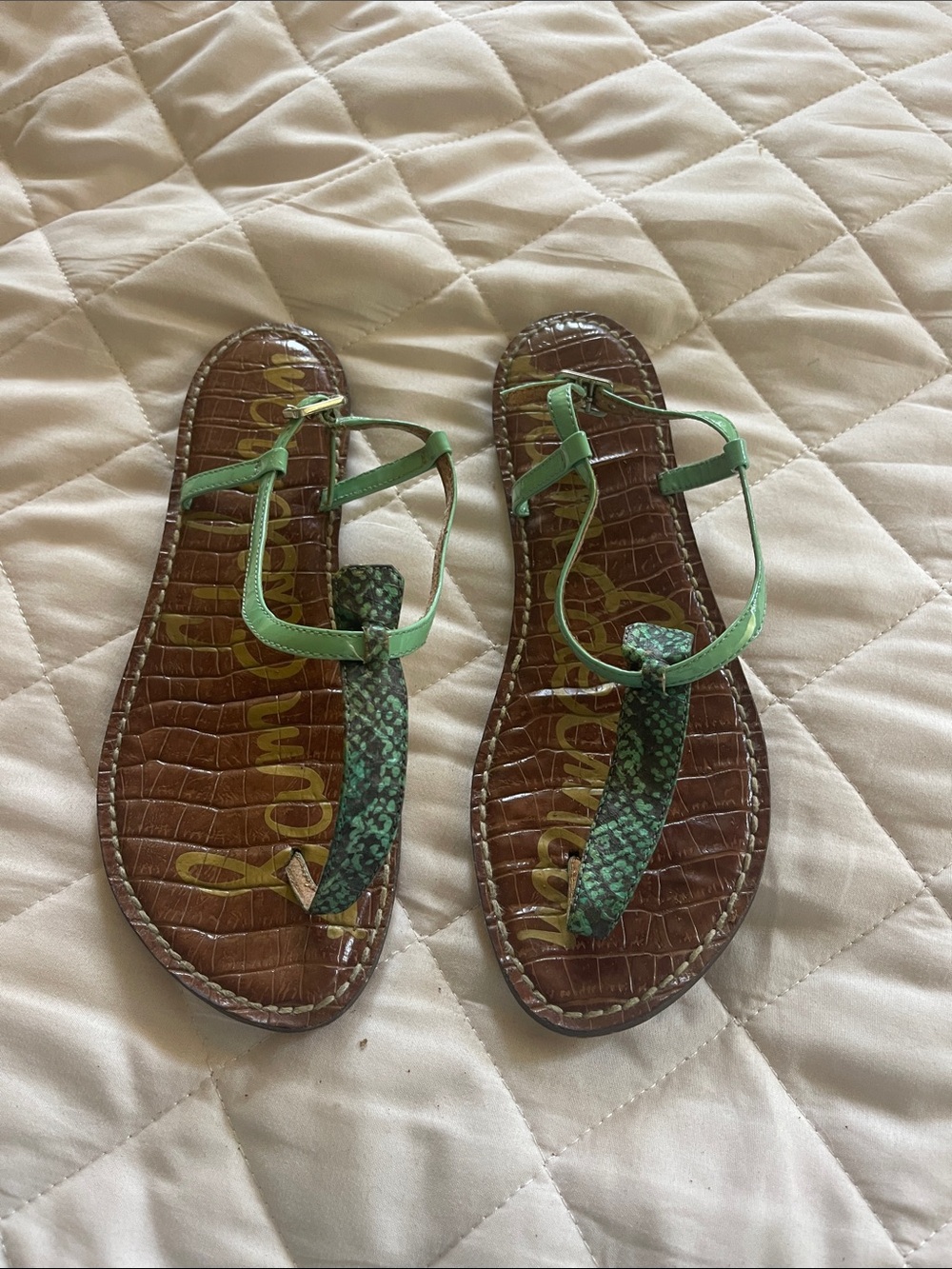 Sam Edelman Green Snake-Print Thong Sandals with Brown Footbed - Size 9